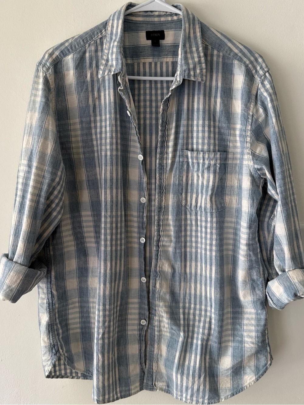 J. Crew Men's Blue and White Faded Plaid Button-Up Shirt